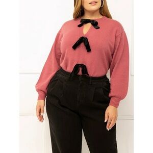 Eloquii Elements Pink Sweater Knit Top with Keyhole and Black Bow Accents